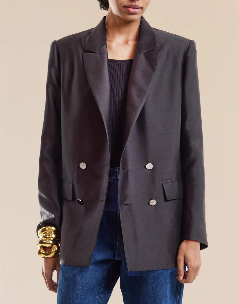 Black Silk Wool Double Breasted Blazer 