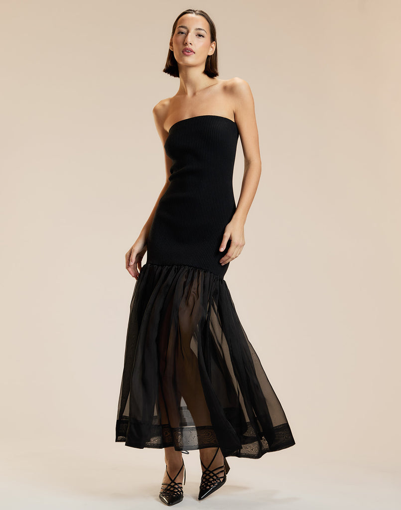 Rib Knit Organza Combo Strapless Dress in Black