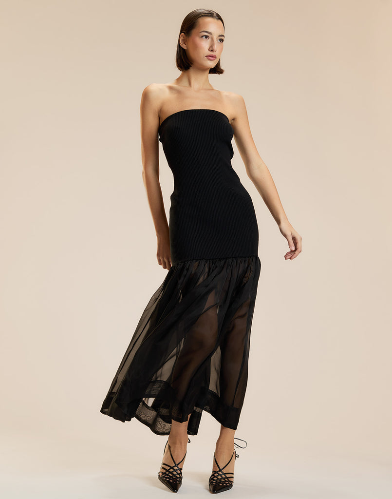 Rib Knit Organza Combo Strapless Dress in Black