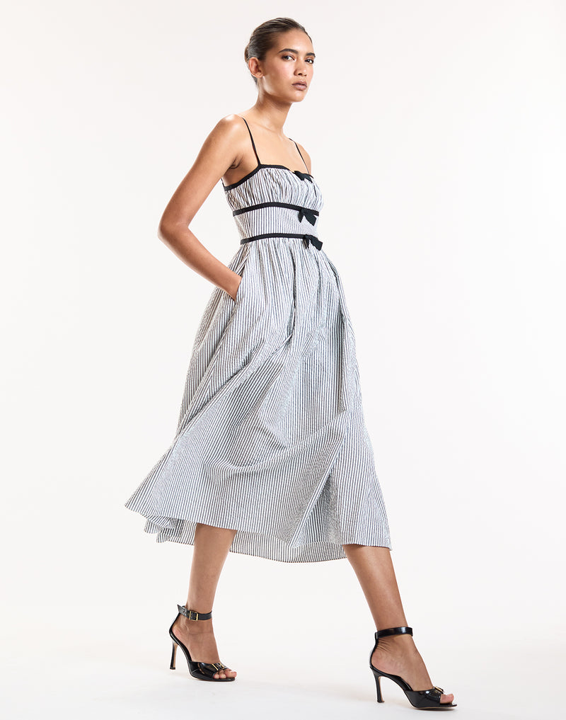 Black Striped Bow Detailed Midi Dress