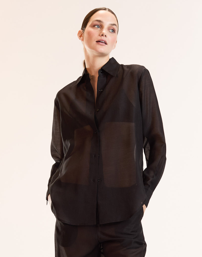 Black Sheer Button Up Top