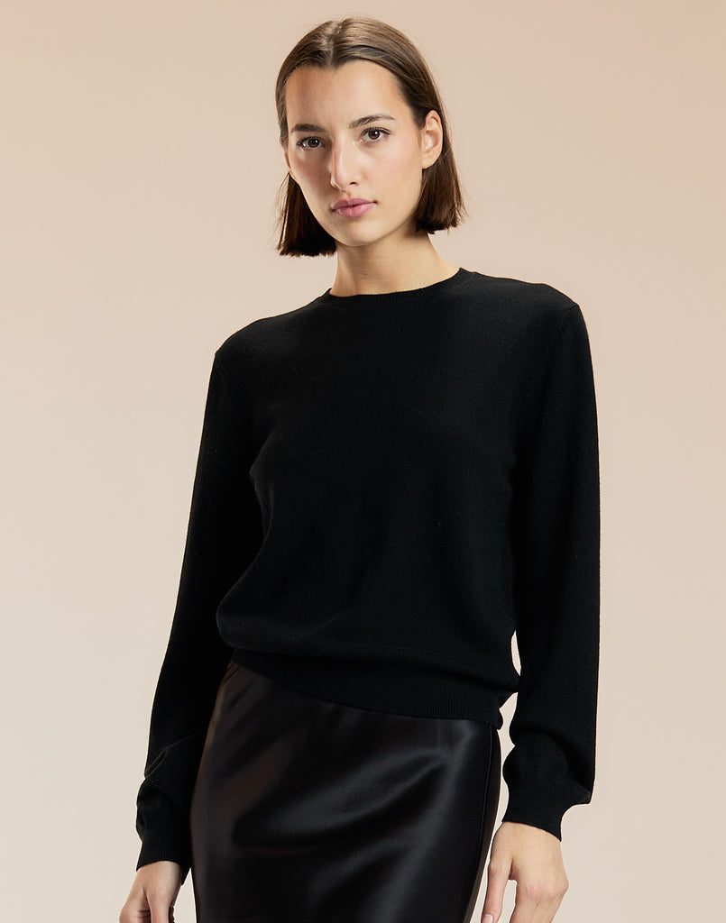 Crew Neck Sweater with Elbow Patches in Black