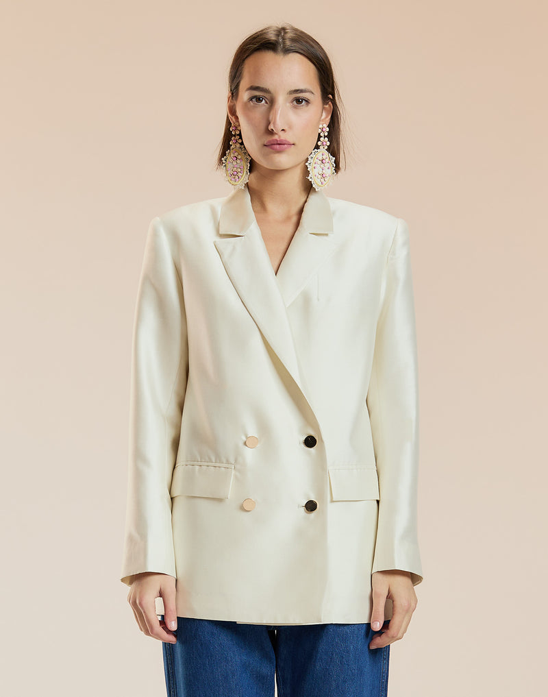 White Silk Wool Double Breasted Blazer 