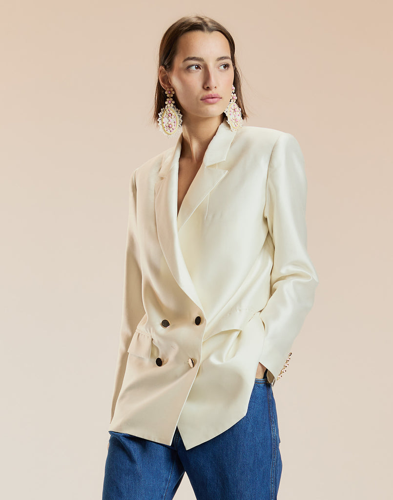 Silk Wool Double Breasted Blazer in White