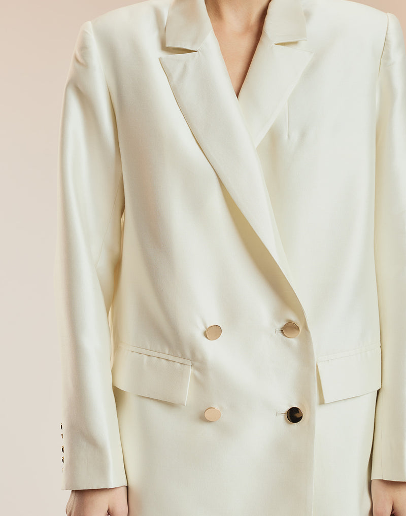 White Silk Wool Double Breasted Blazer 