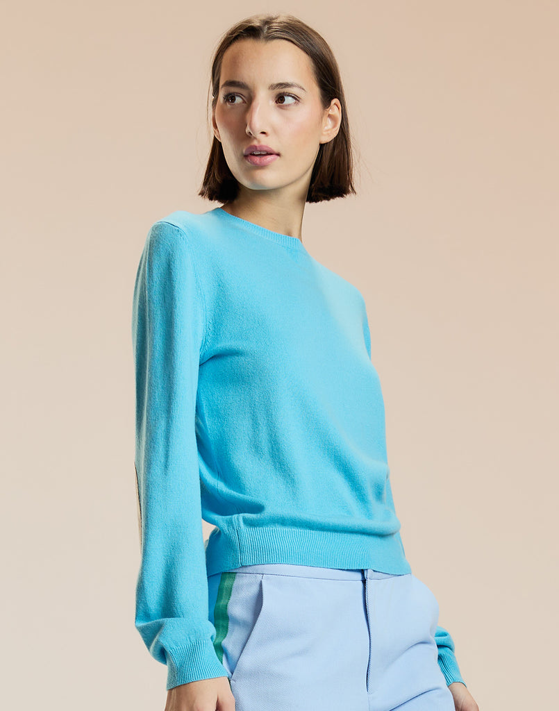 Crew Neck Sweater with Elbow Patches in Blue