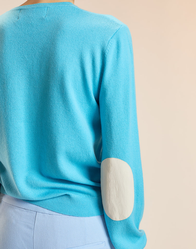 Crew Neck Sweater with Elbow Patches in Blue