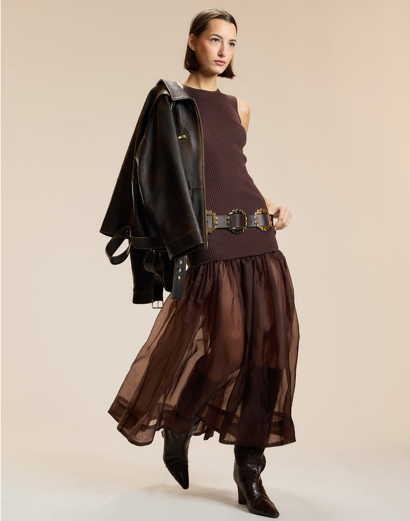 Sleeveless Rib Knit Organza Combo Dress