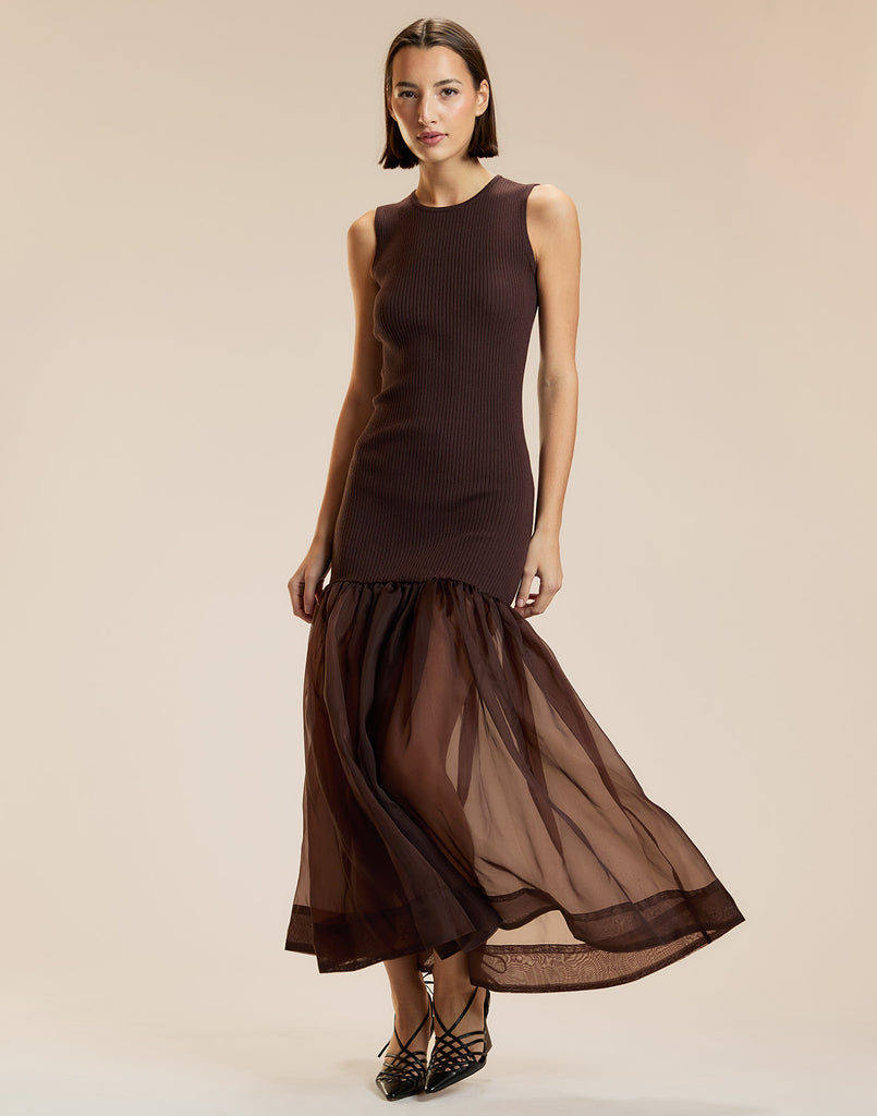 Sleeveless Rib Knit Organza Combo Dress