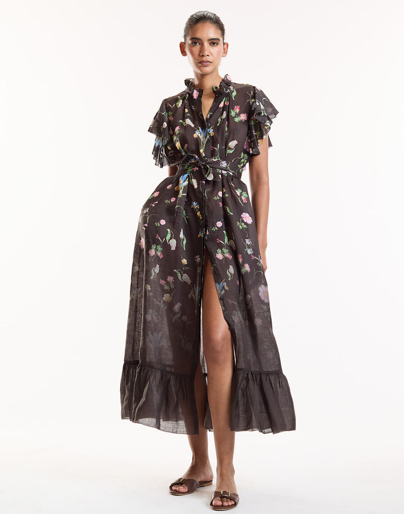 Brown Floral Ruffle Kaftan