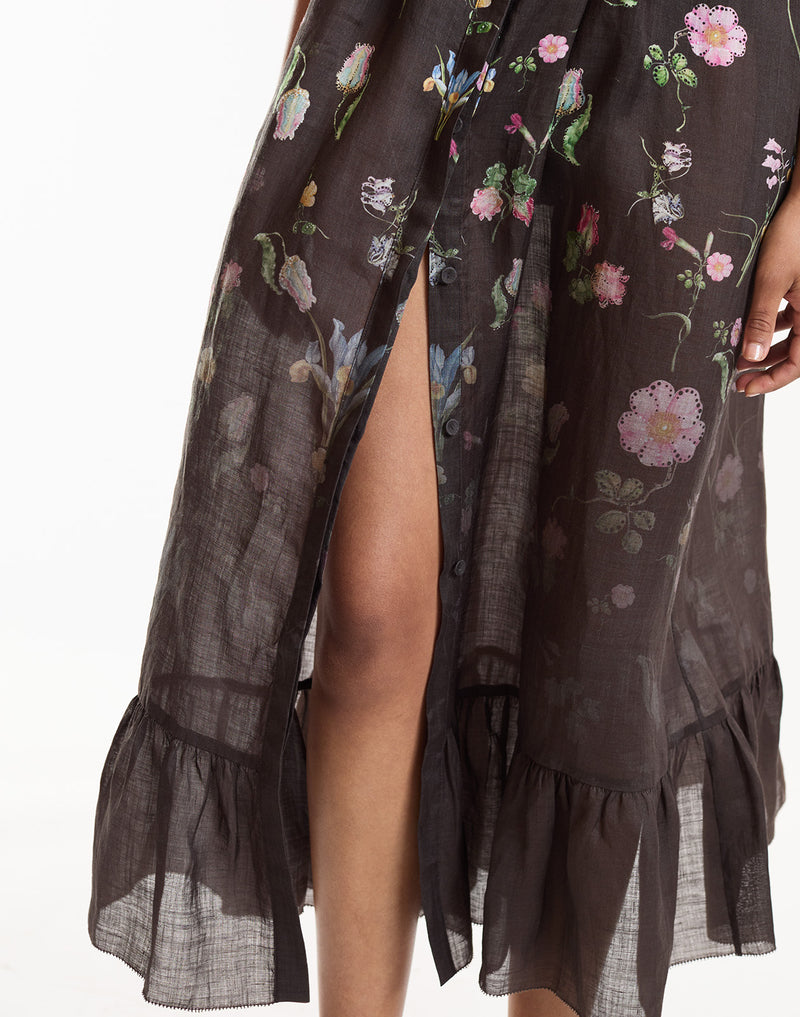 Brown Floral Ruffle Kaftan