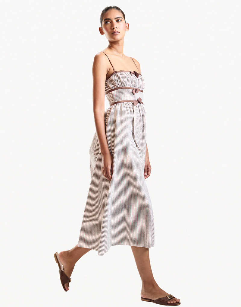 Brown Striped Bow Detailed Midi Dress