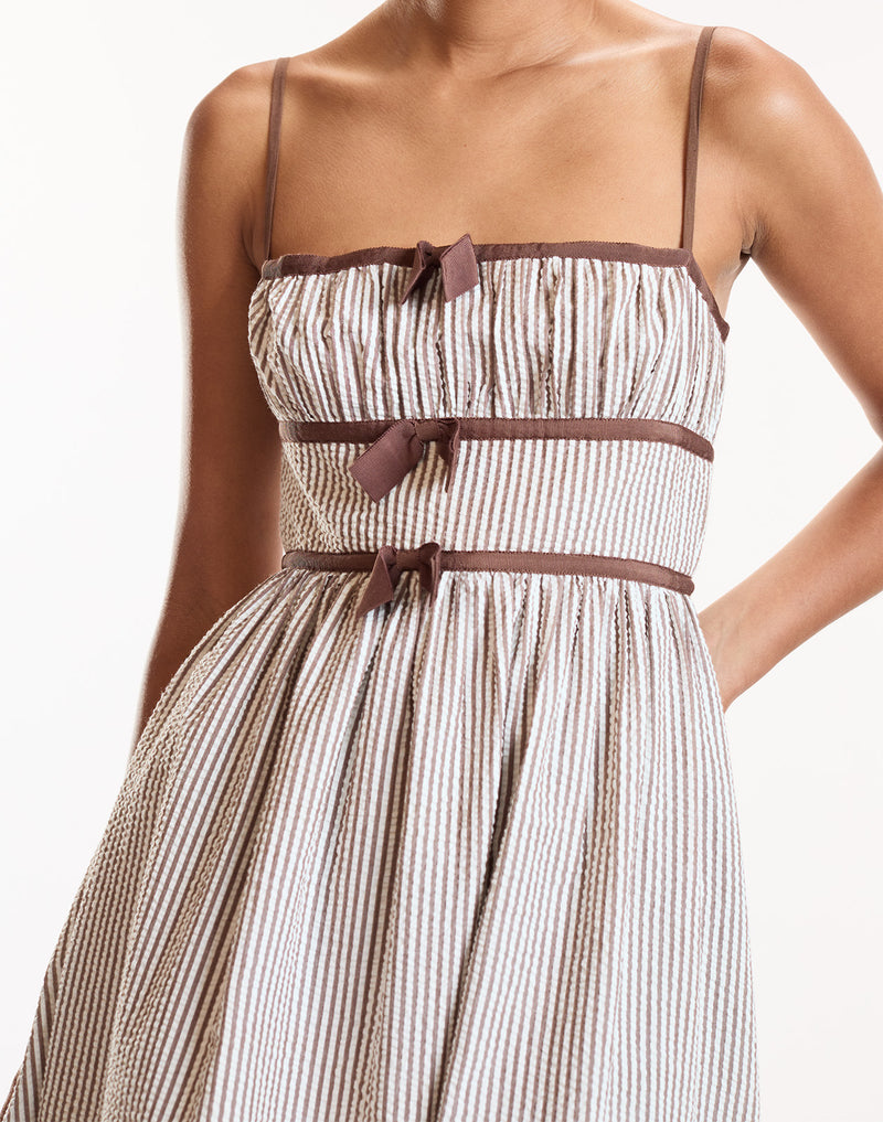 Brown Striped Bow Detailed Midi Dress