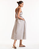 Brown Striped Bow Detailed Midi Dress