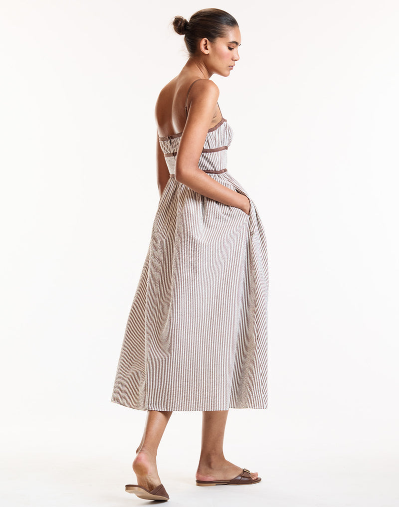 Brown Striped Bow Detailed Midi Dress
