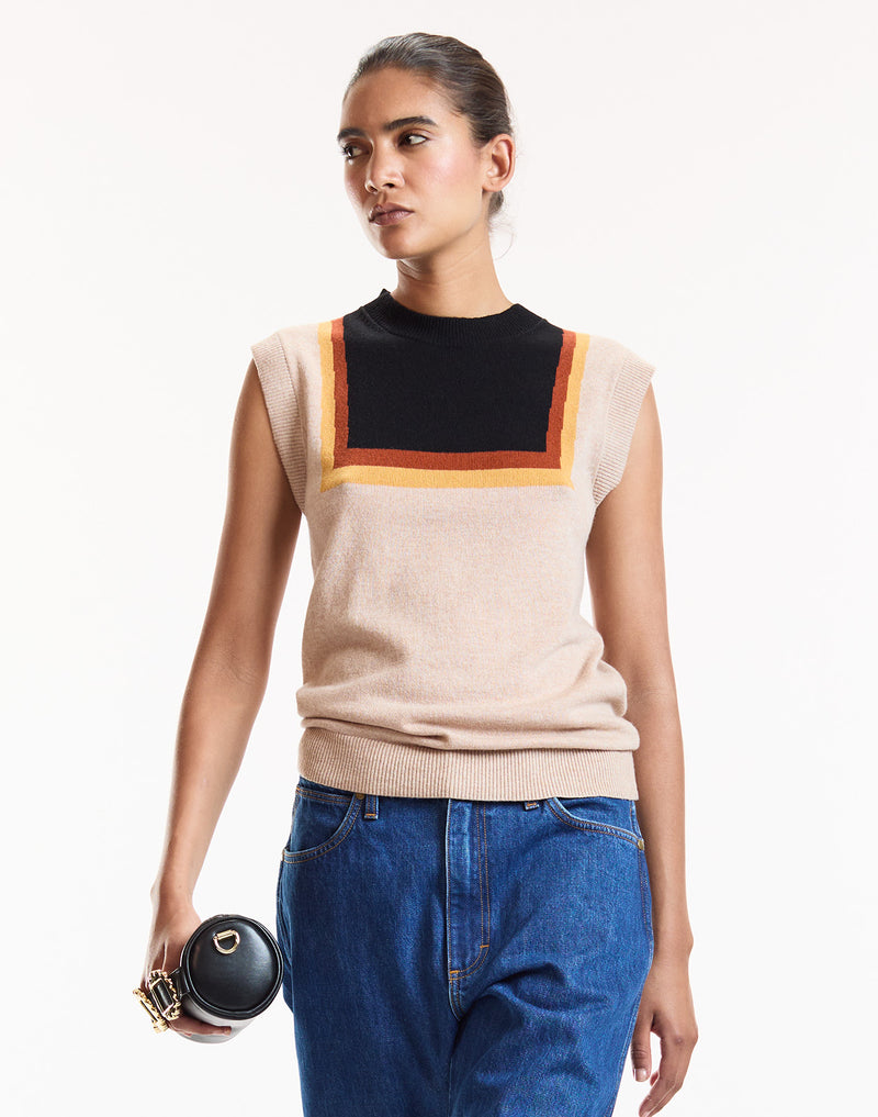 Camel Contrast Trim Sweater Vest 