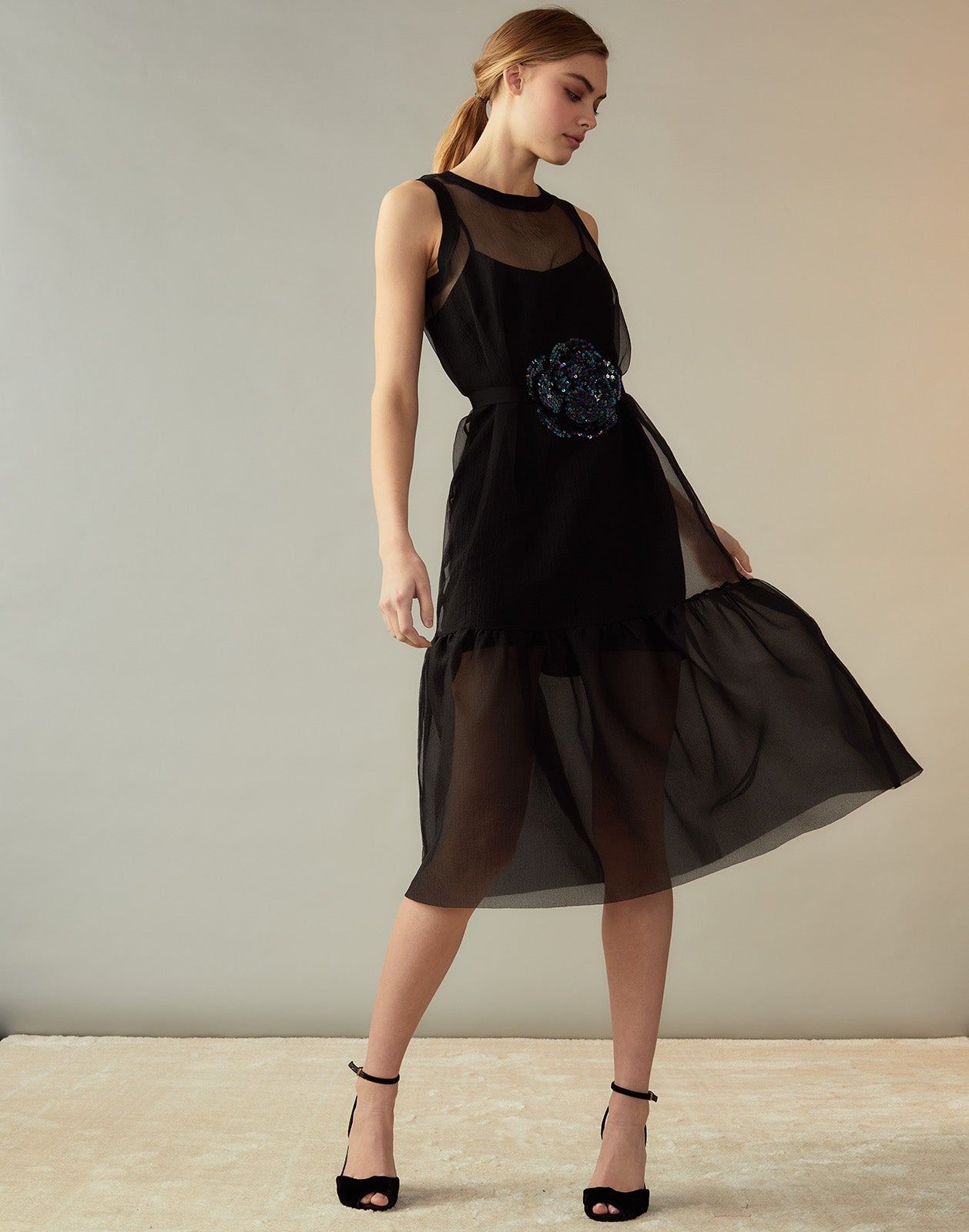 Black Organza Readymade Gown In Sequins Embellishment 338GW03