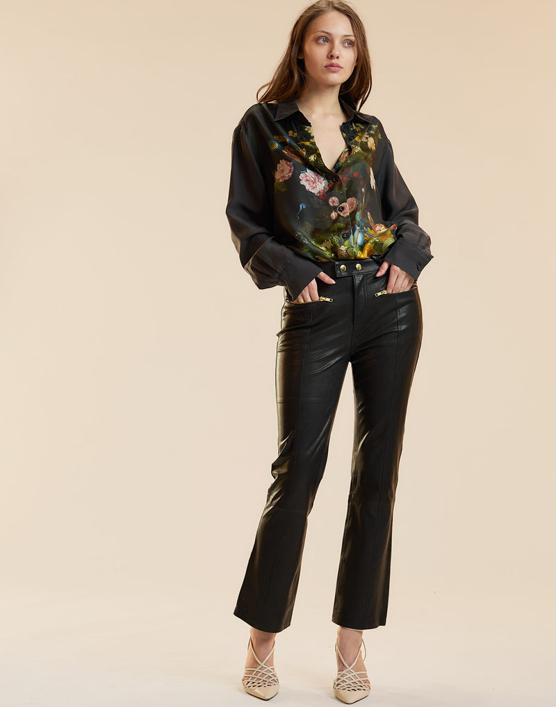 Black Floral Print Silk Blouse 
