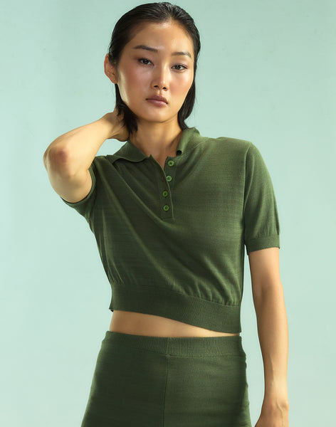 ☆YALE☆ WOMENS COMFORT COOL SLIT NECK POLO KNIT CITRUS GREE Long-sleeve Sweater-polo In Supersoft Yarn For Women | J.Crew