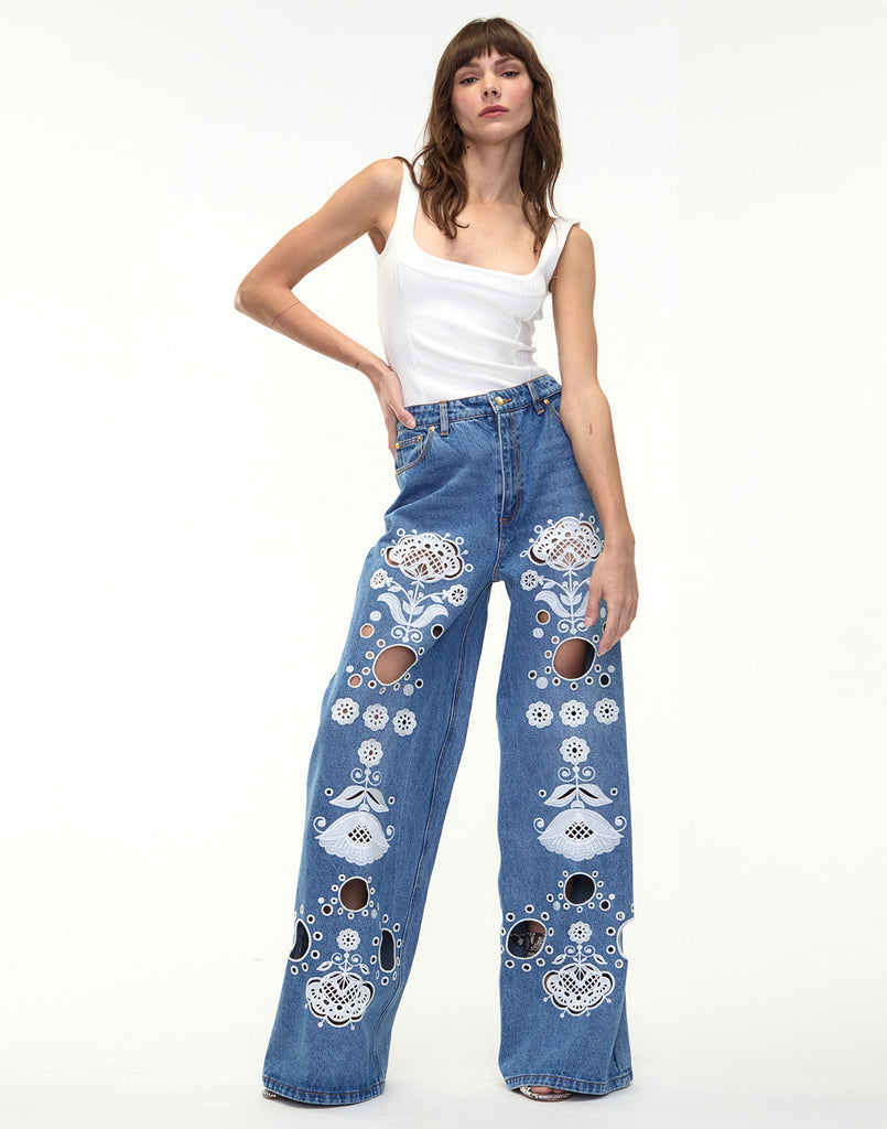 Embroidered Wide-leg Jean