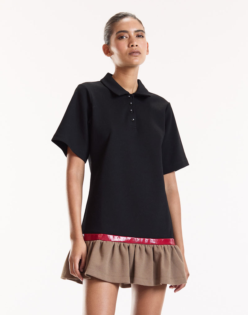 Black Mini Polo Dress with Ruffle Hem 