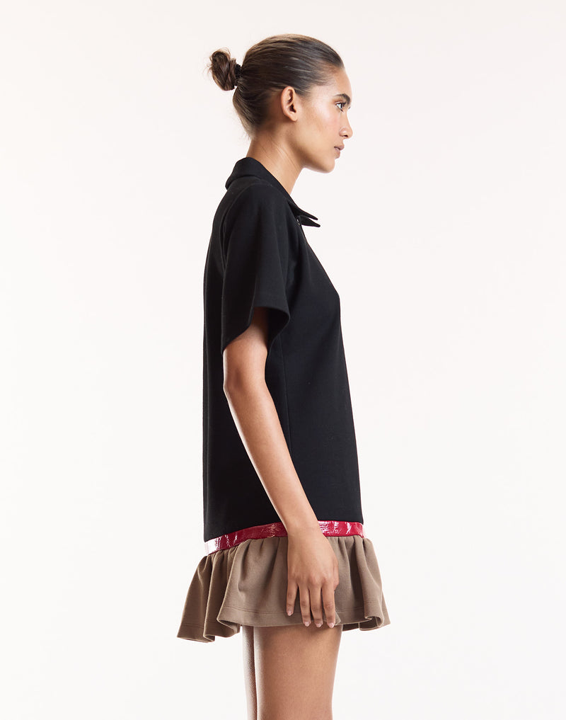 Black Mini Polo Dress with Ruffle Hem 