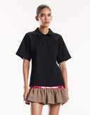 Black Mini Polo Dress with Ruffle Hem 