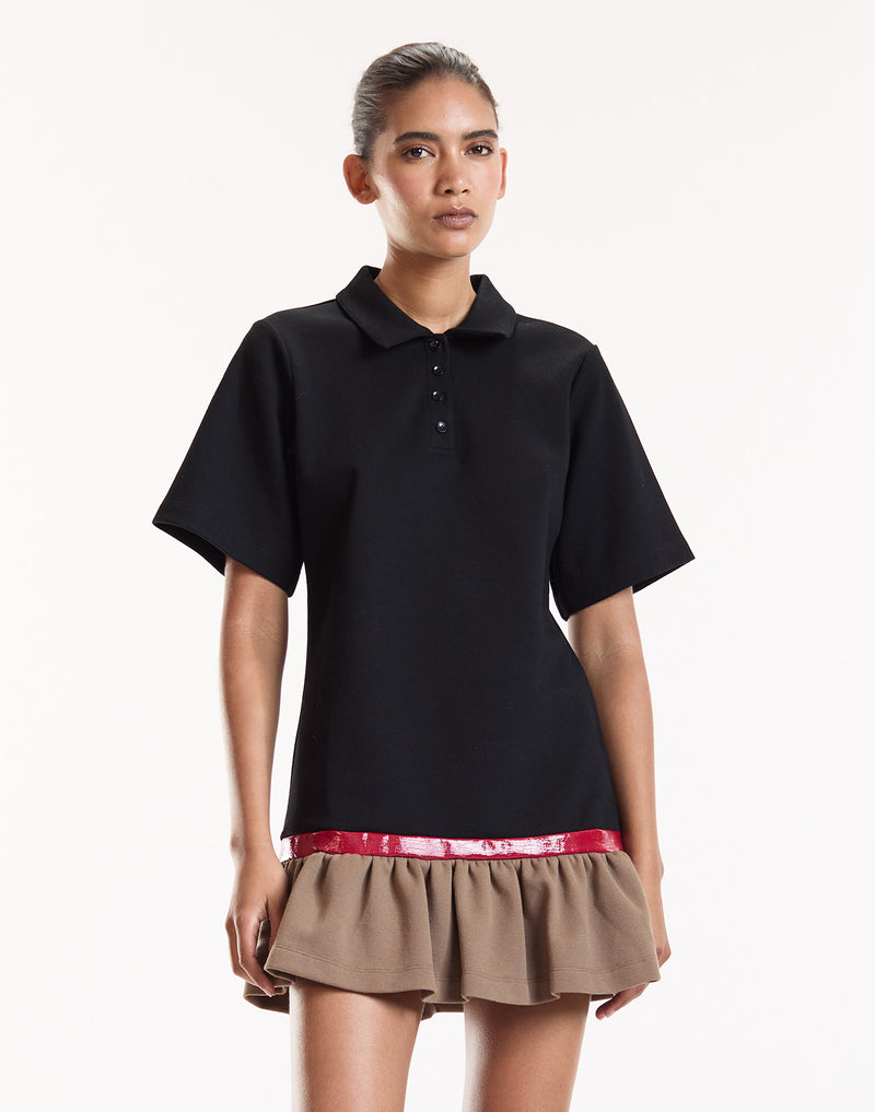 Black Mini Polo Dress with Ruffle Hem 