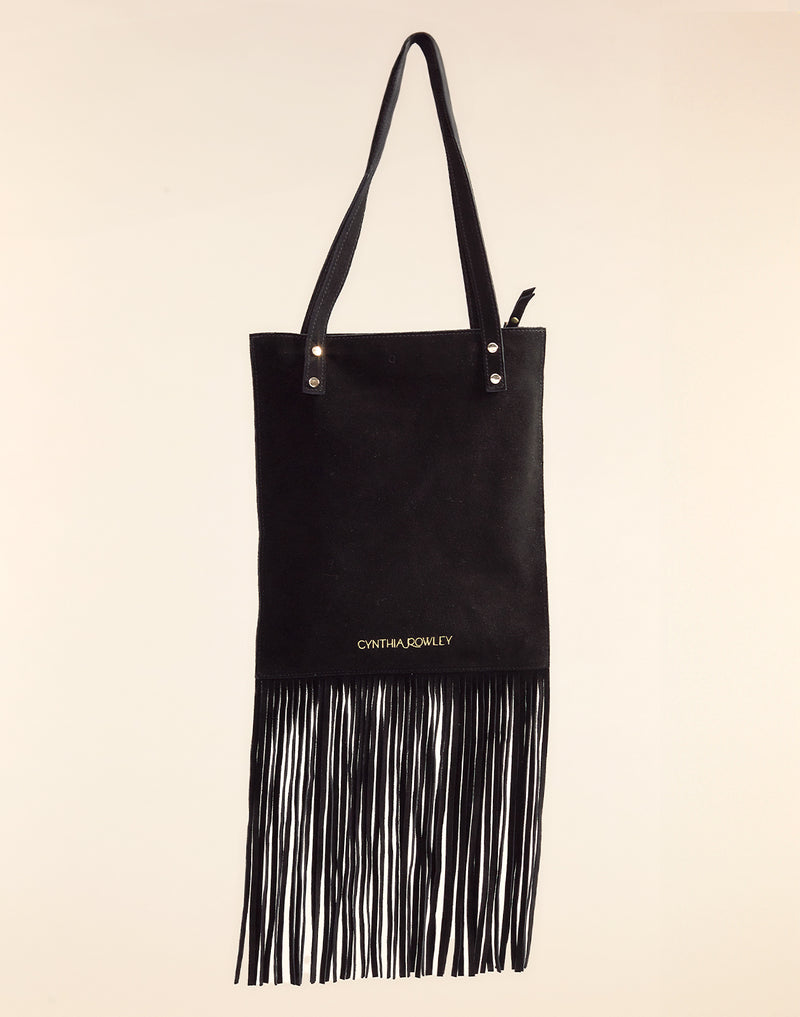 Cynthia Rowley Black Sleek Fringe Suede Tote