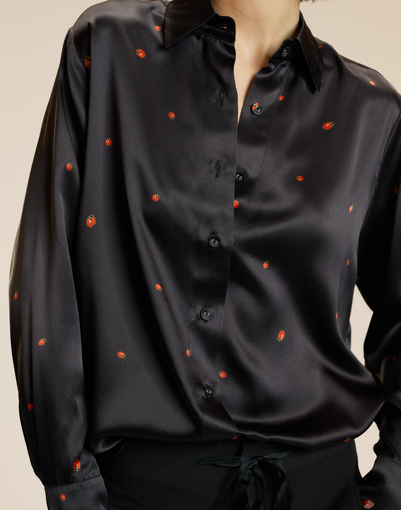 Black LadyBug Print Silk Button Up Blouse 