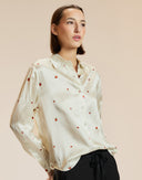 White LadyBug Print Silk Button Up Blouse 