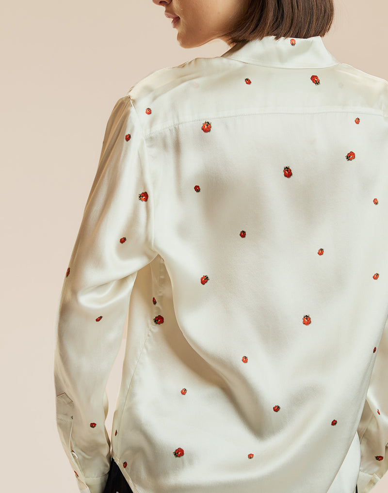 White LadyBug Print Silk Button Up Blouse 