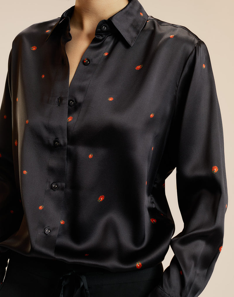 Black LadyBug Print Silk Button Up Blouse 
