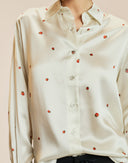 White LadyBug Print Silk Button Up Blouse 