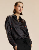 Black LadyBug Print Silk Button Up Blouse 