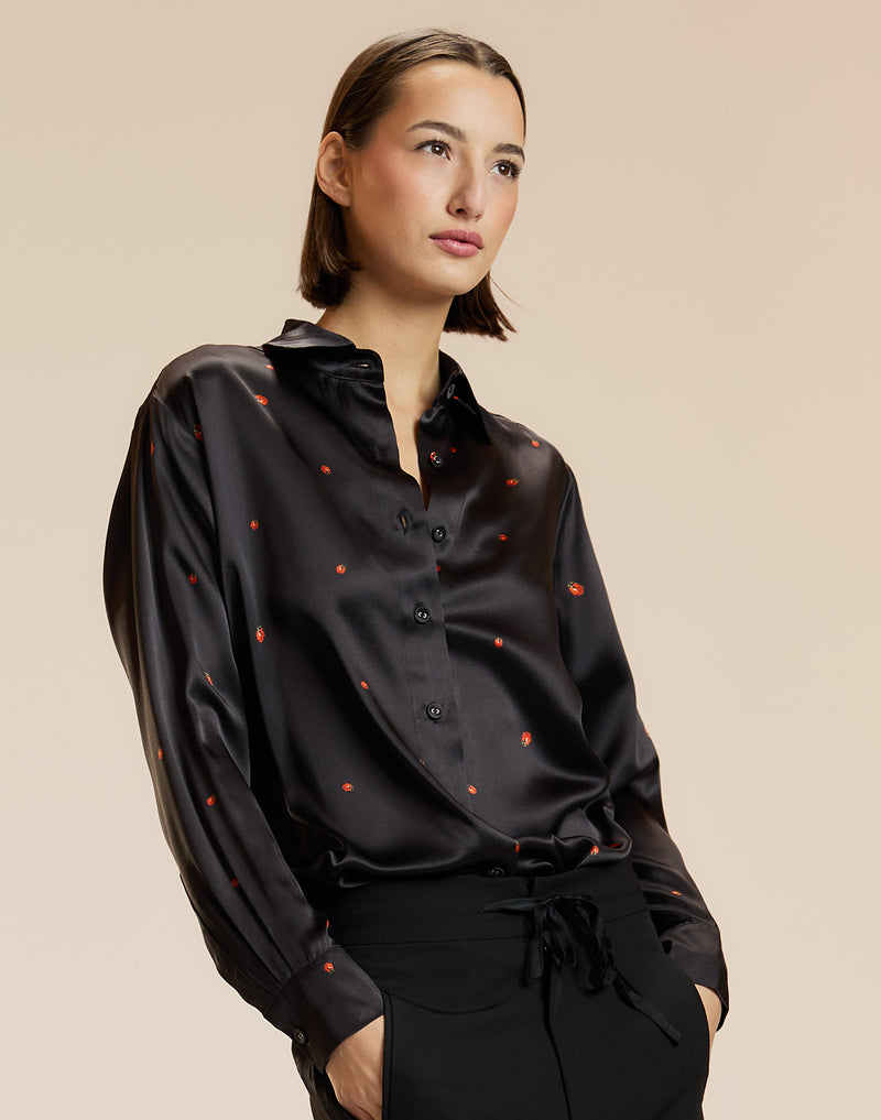 Black LadyBug Print Silk Button Up Blouse 