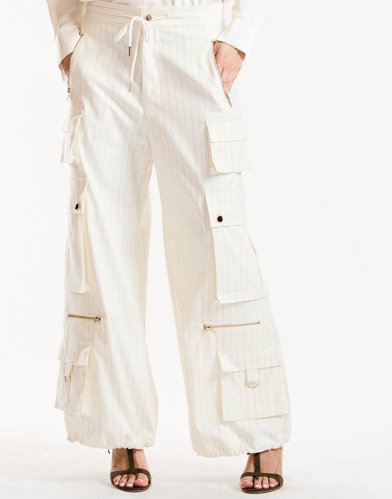 Cynthia Rowley White and Gold Metallic Pinstripe Cargos