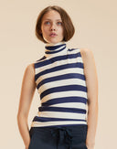 Navy and White Striped Sleeveless Fitted Turtleneck