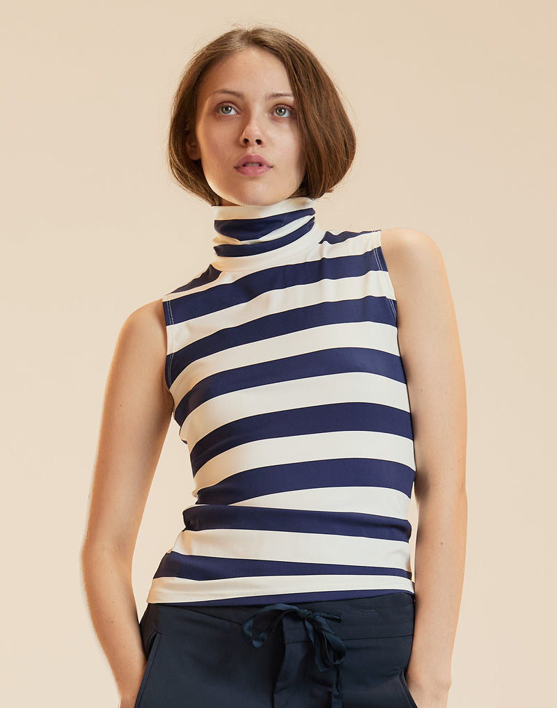 Navy and White Striped Sleeveless Fitted Turtleneck