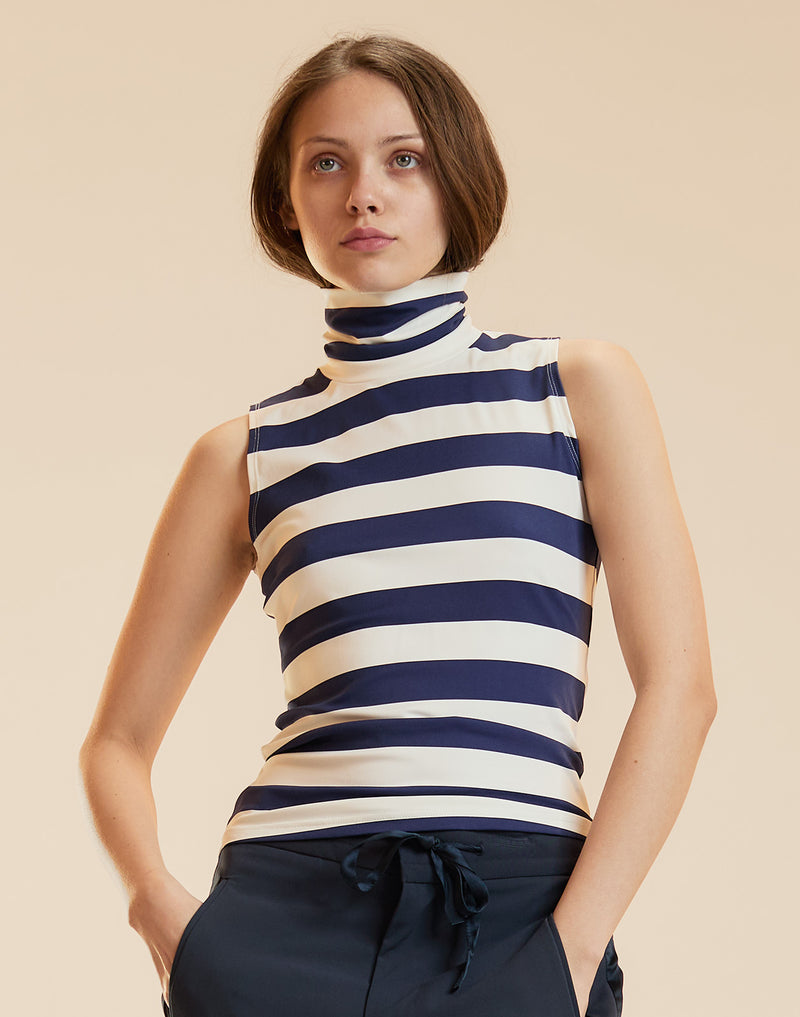 Navy and White Striped Sleeveless Fitted Turtleneck