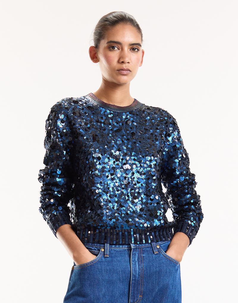 Navy Sequin Long Sleeve Sweater