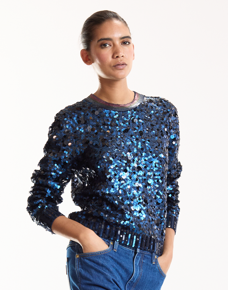 Navy Sequin Long Sleeve Sweater