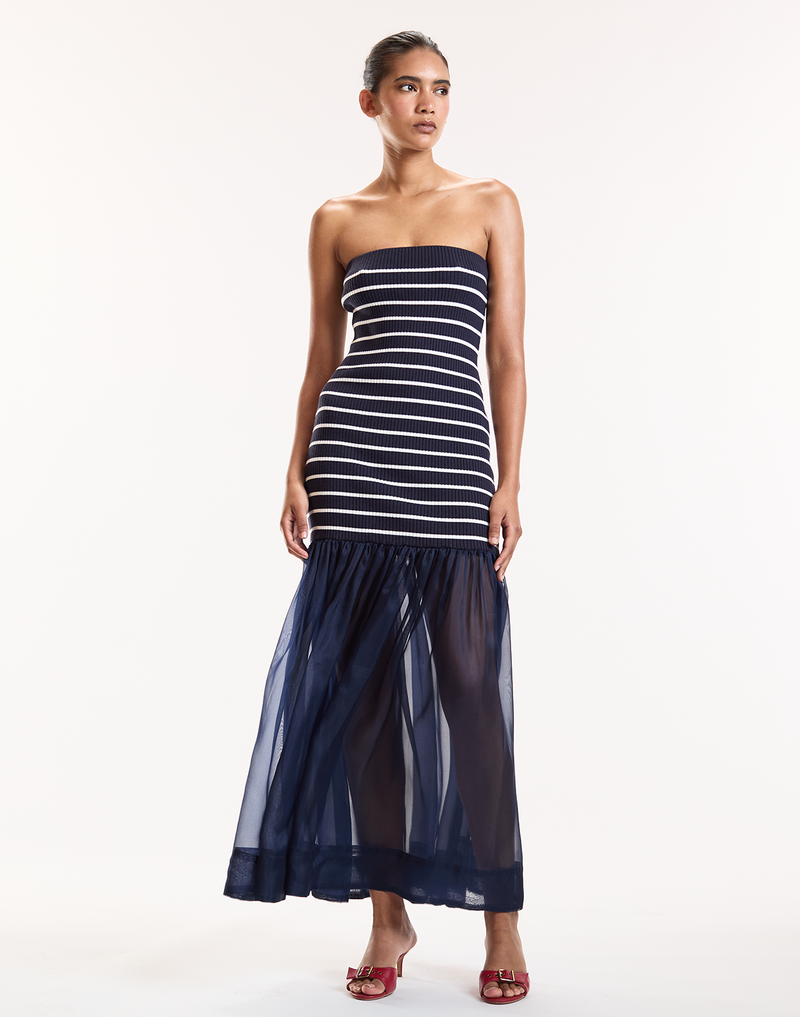 Navy Stripe Rib Knit Organza Combo Strapless Dress 