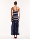 Navy Stripe Rib Knit Organza Combo Strapless Dress 