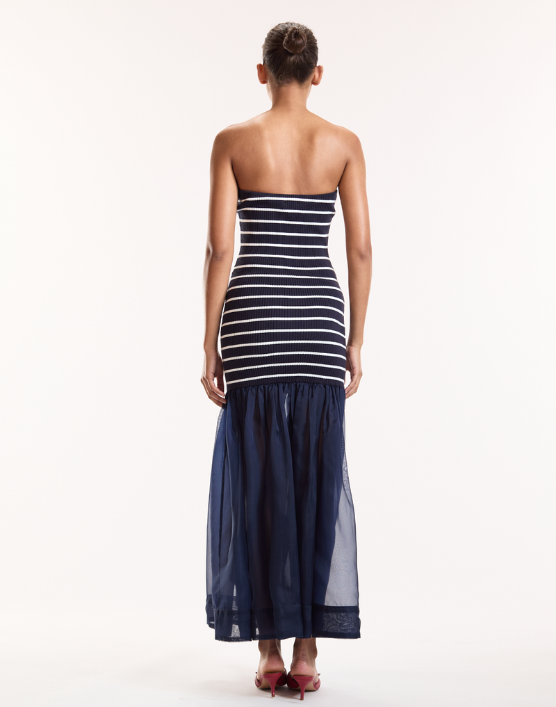 Navy Stripe Rib Knit Organza Combo Strapless Dress 