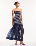 Navy Stripe Rib Knit Organza Combo Strapless Dress 