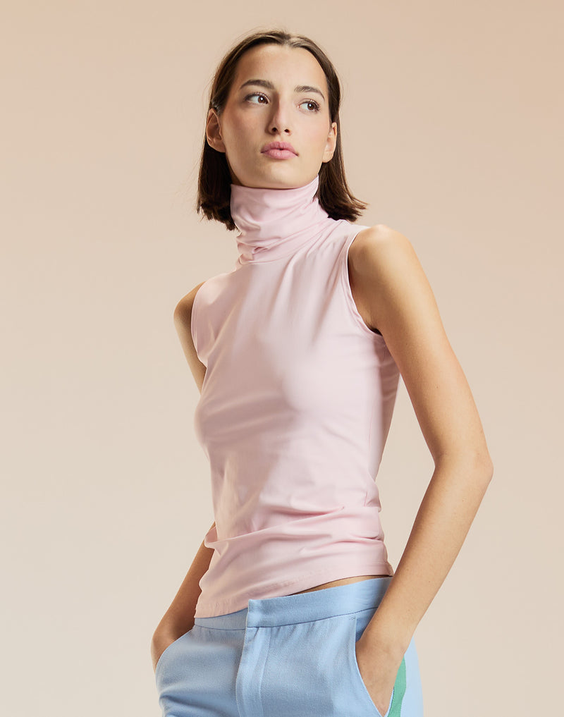 Pink Sleeveless Fitted Turtleneck 