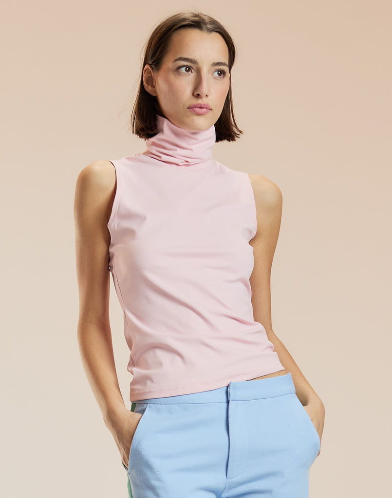 Lycra Sleeveless Turtleneck Neck Top in Pink