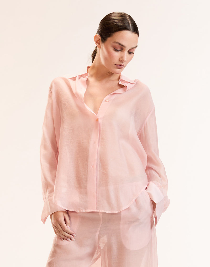 Pink Sheer Button Up Top