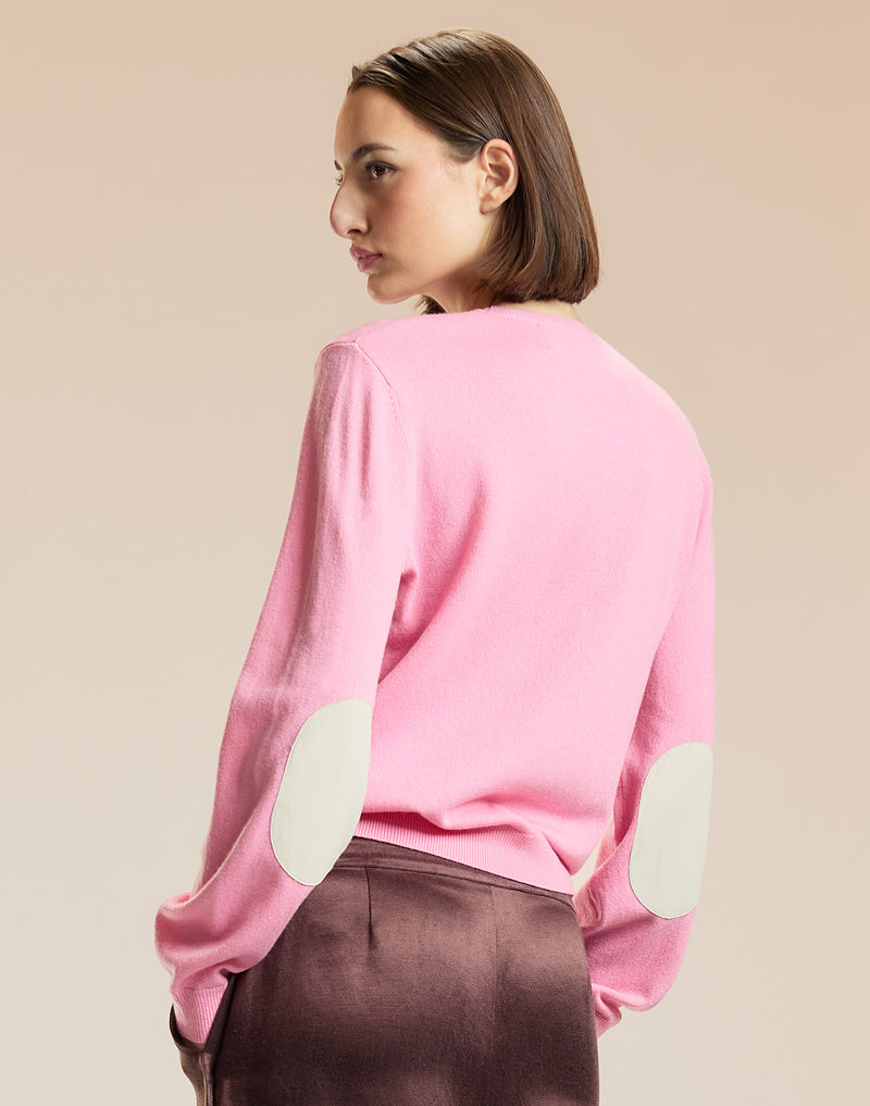 Pink Crewneck Sweater with Elbow Patches 